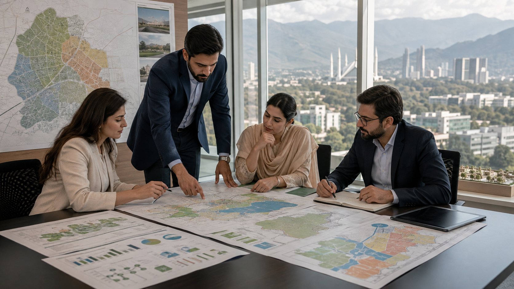 Officials review city planning maps in an Islamabad governance reform meeting