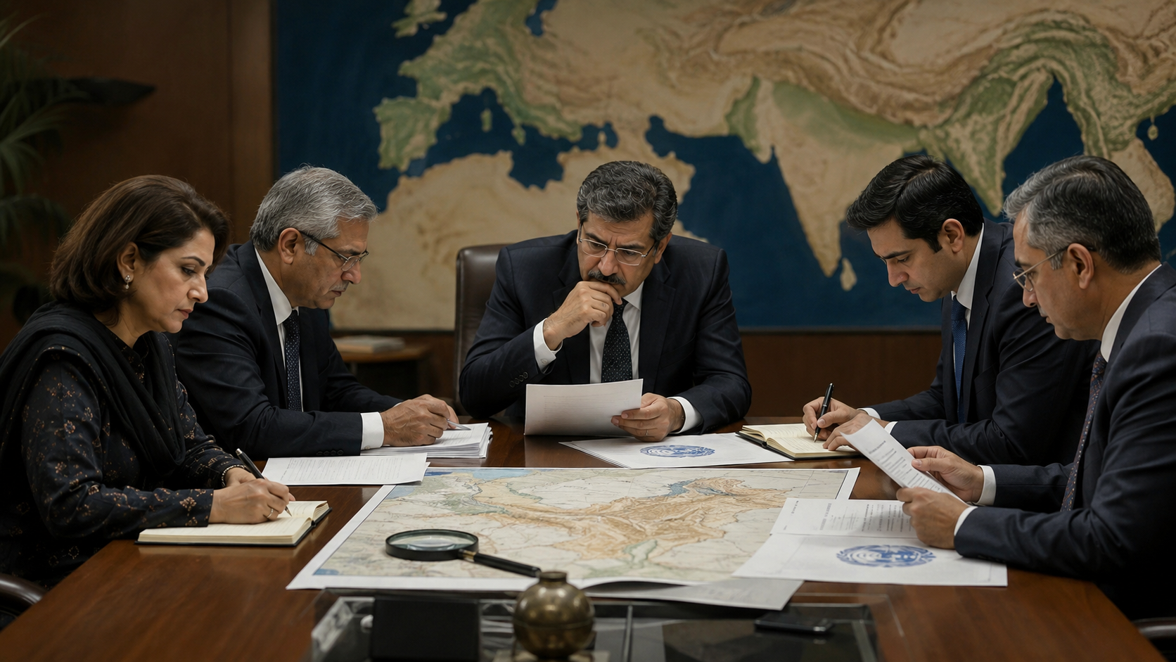 Diplomatic officials review documents about the Jammu and Kashmir dispute