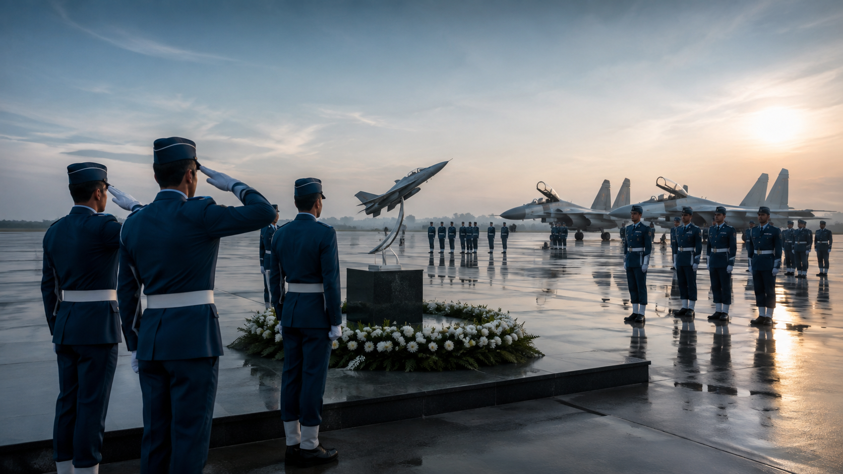 Pakistan Air Force personnel stand in a ceremonial tribute near fighter aircraft