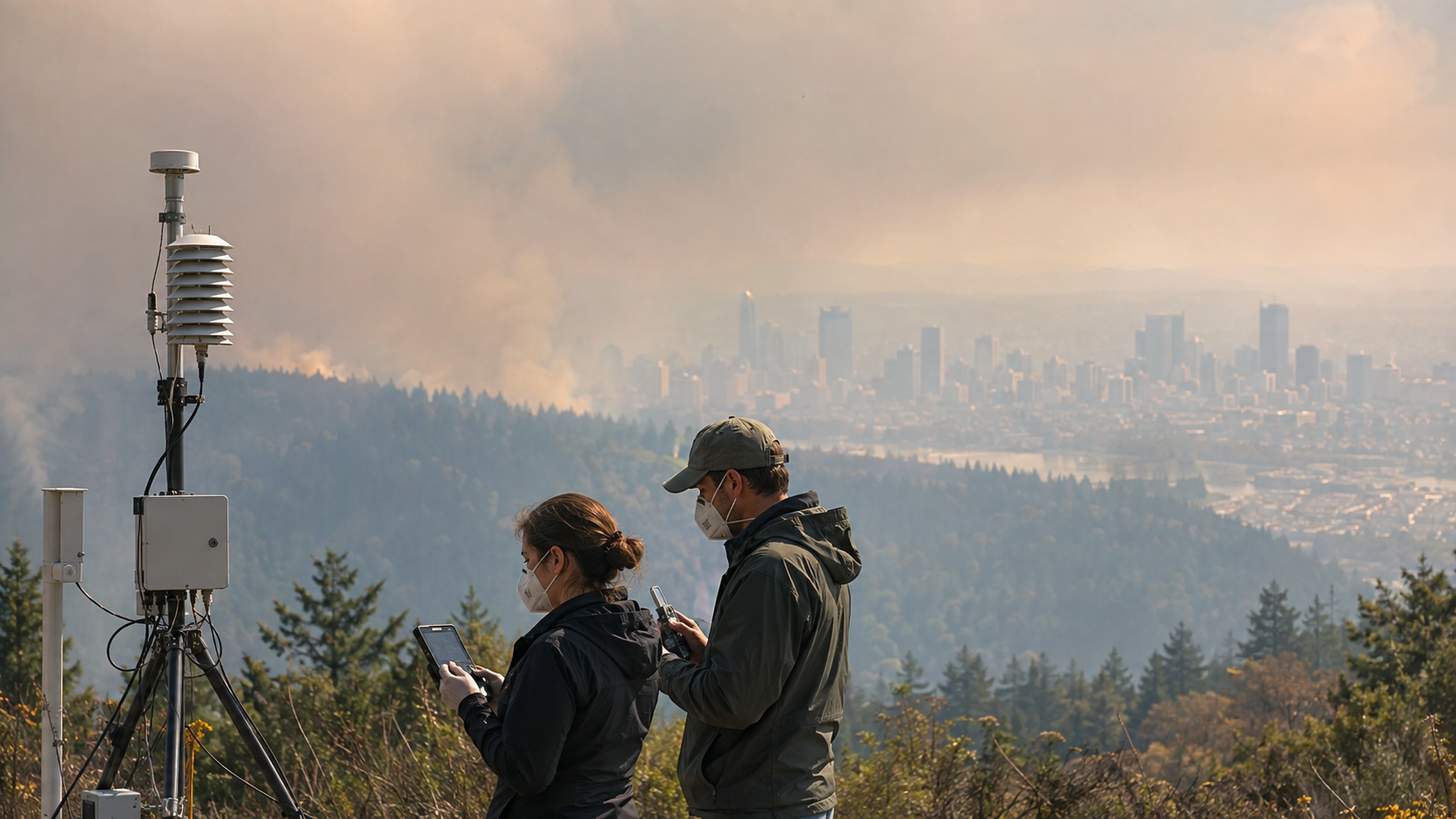 Air quality monitors record wildfire smoke haze near a city skyline