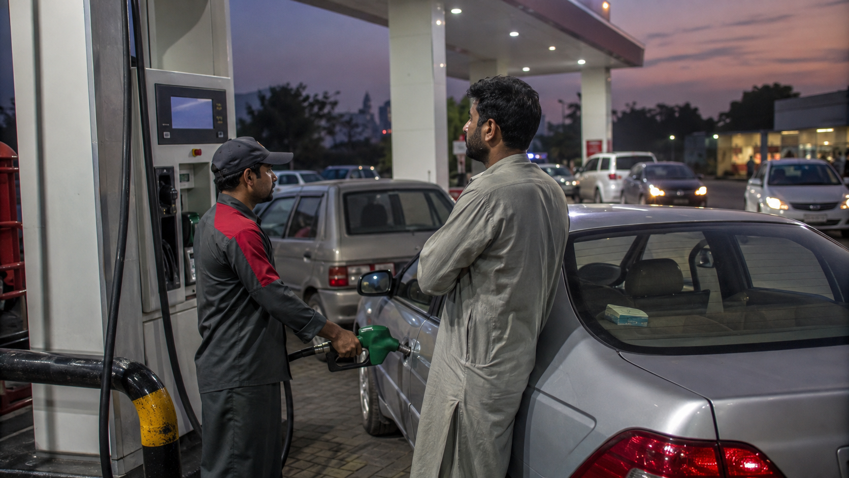 Fuel attendant filling a car at a petrol station in Pakistan