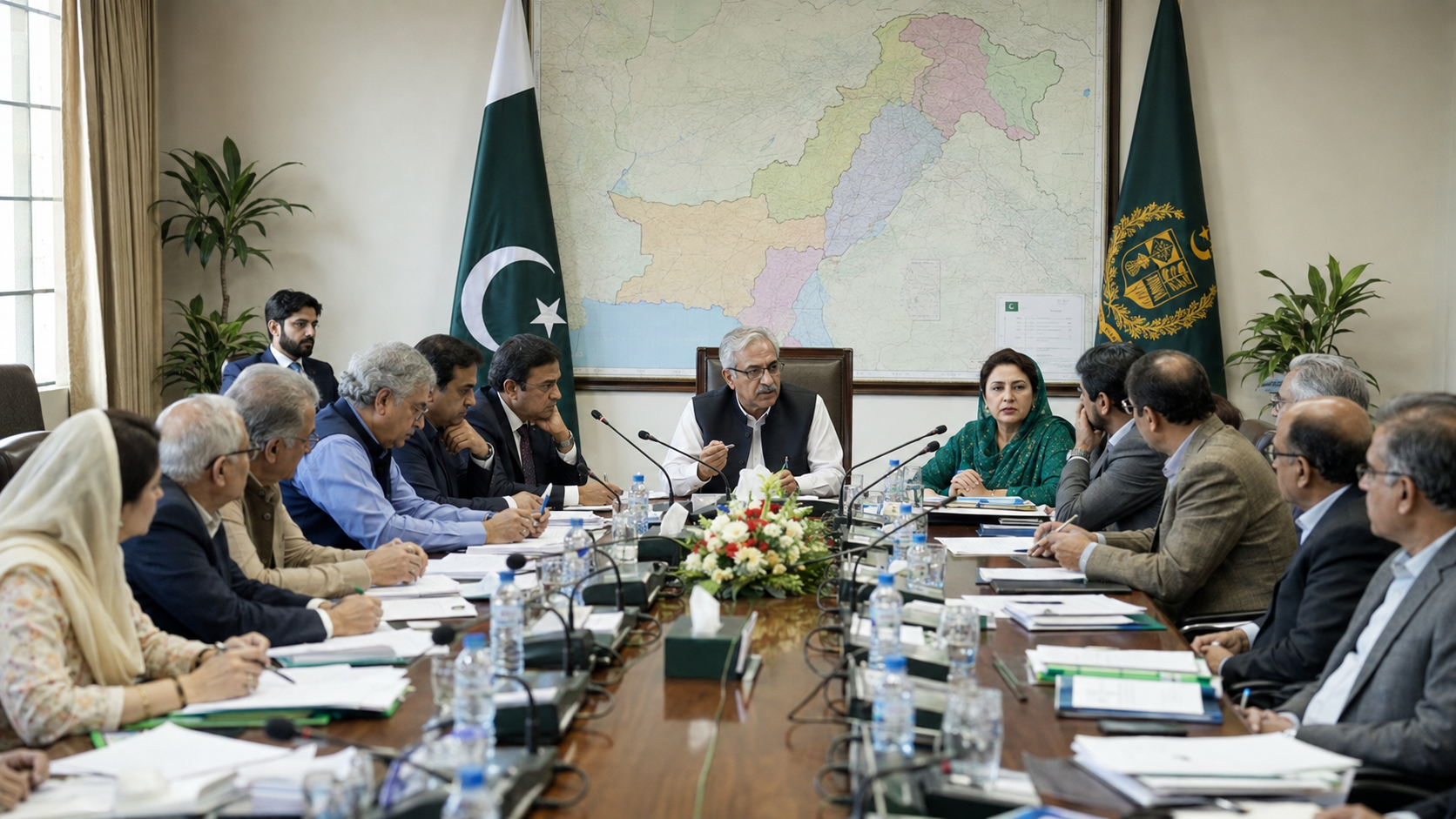 Pakistani policymakers discussing administrative reform around a conference table