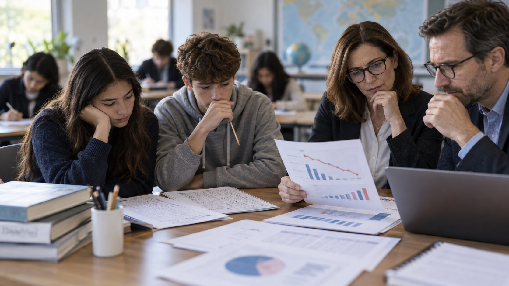 Students and education researchers review assessment results in a classroom