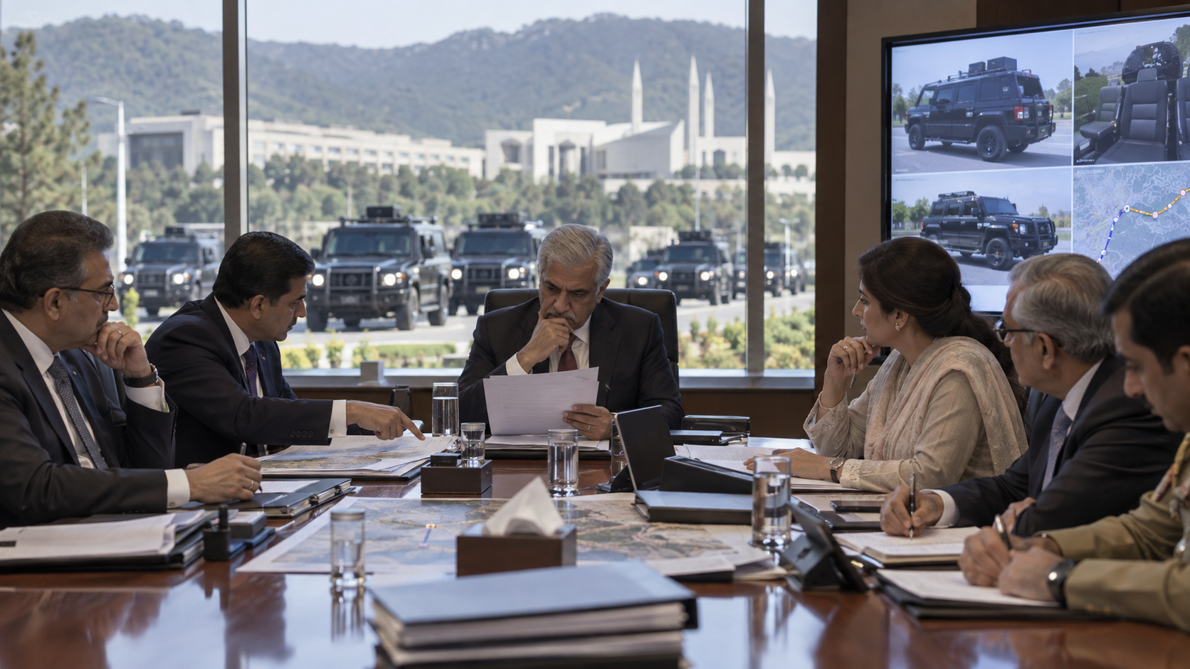 Officials review security vehicle procurement plans for an international summit