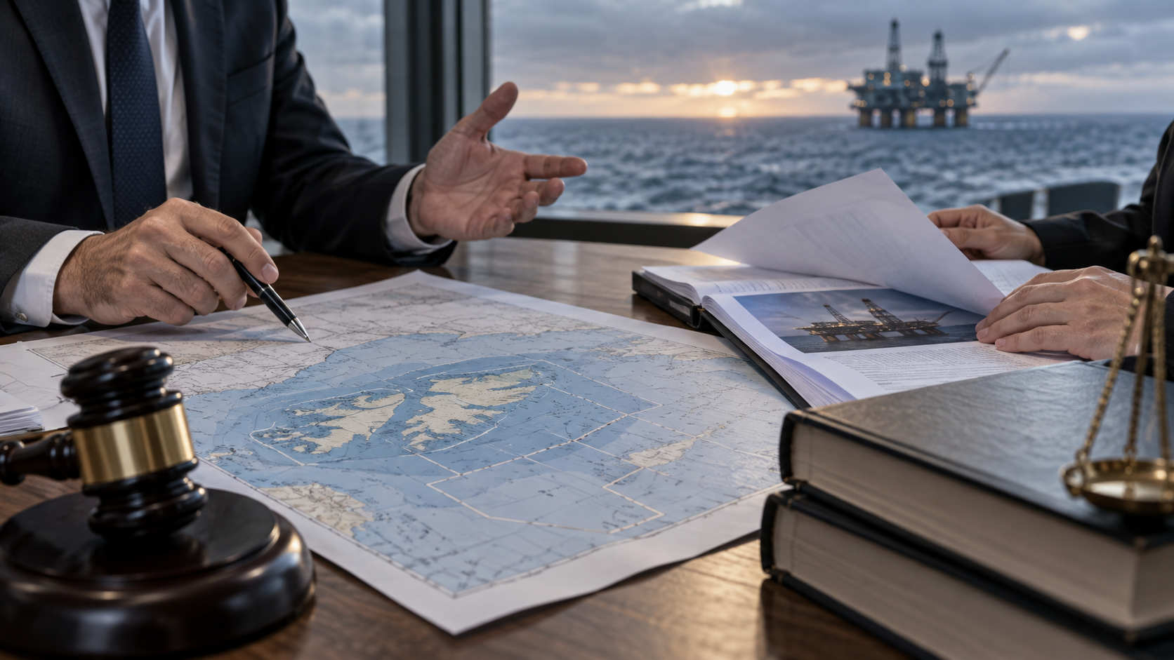 Legal documents and a maritime map near an offshore oil platform