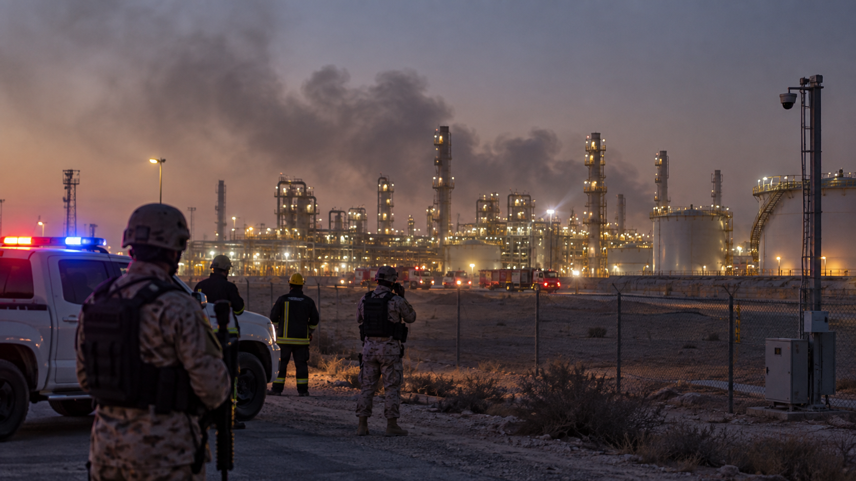 Emergency teams assess smoke near a Gulf energy facility after a security incident