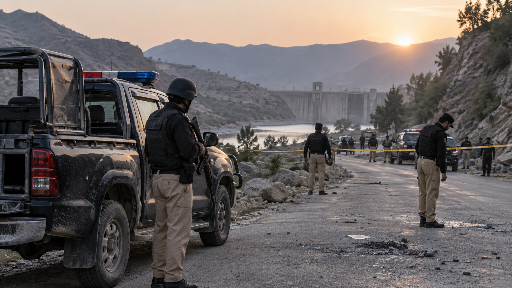 Police secure a rural road near a dam after a patrol attack in Khyber Pakhtunkhwa