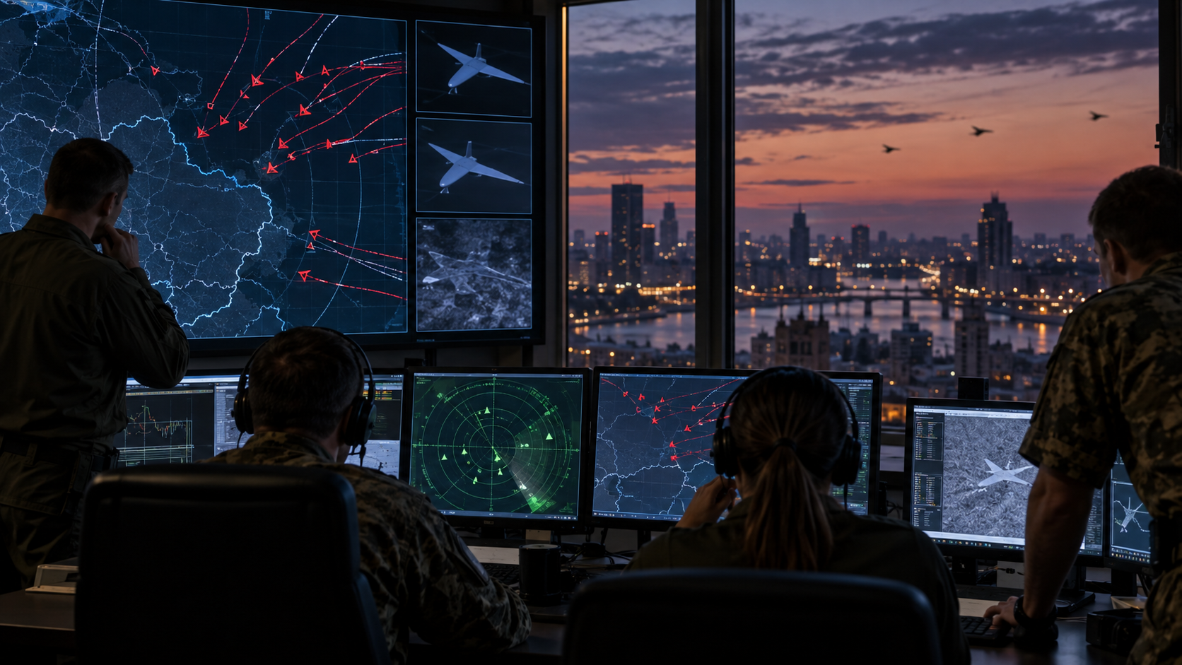 Ukraine air defense operators monitor suspected drone tracks over a city skyline