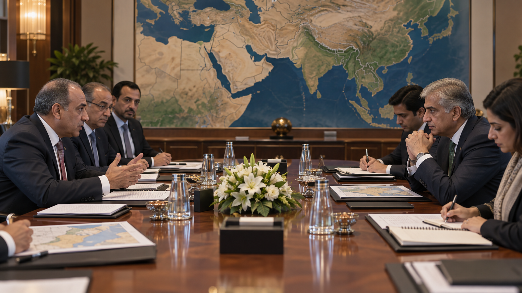 Diplomats discuss regional coordination around a Middle East and South Asia map