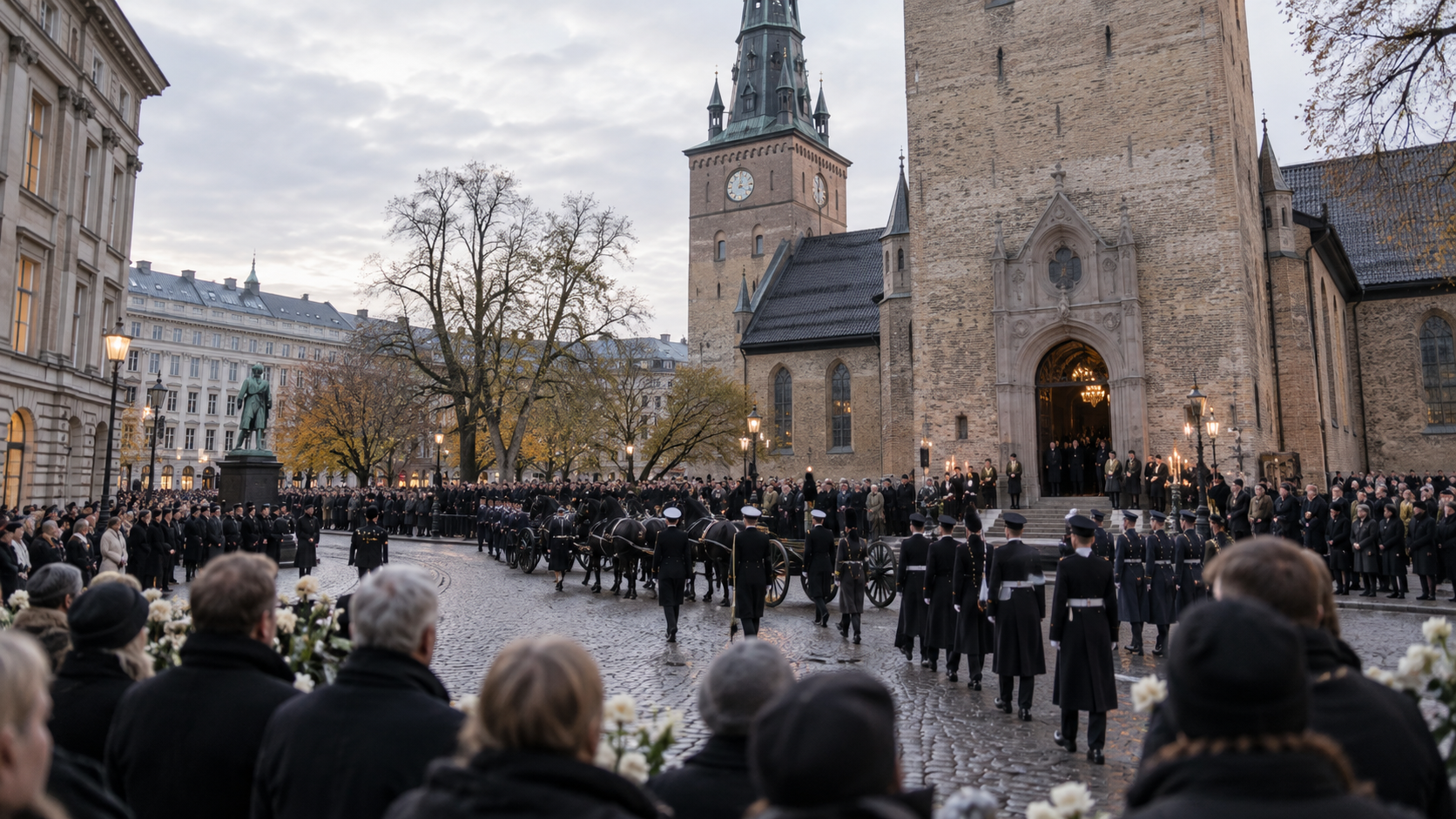 Mourners gather near Oslo Cathedral during a solemn royal state funeral