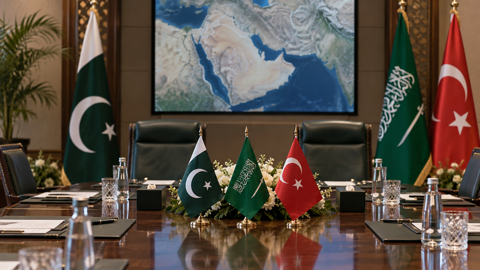 Pakistan, Saudi Arabia and Turkiye flags at a diplomatic meeting table