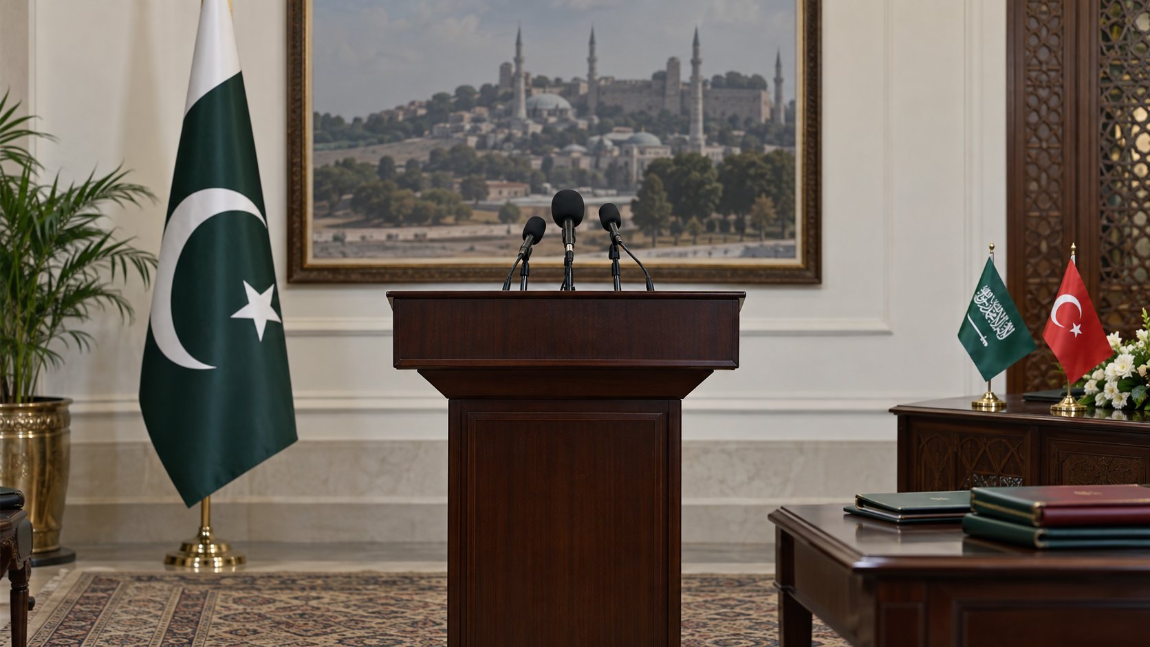 Foreign Office style briefing lectern with Pakistan, Saudi Arabia and Turkiye flags