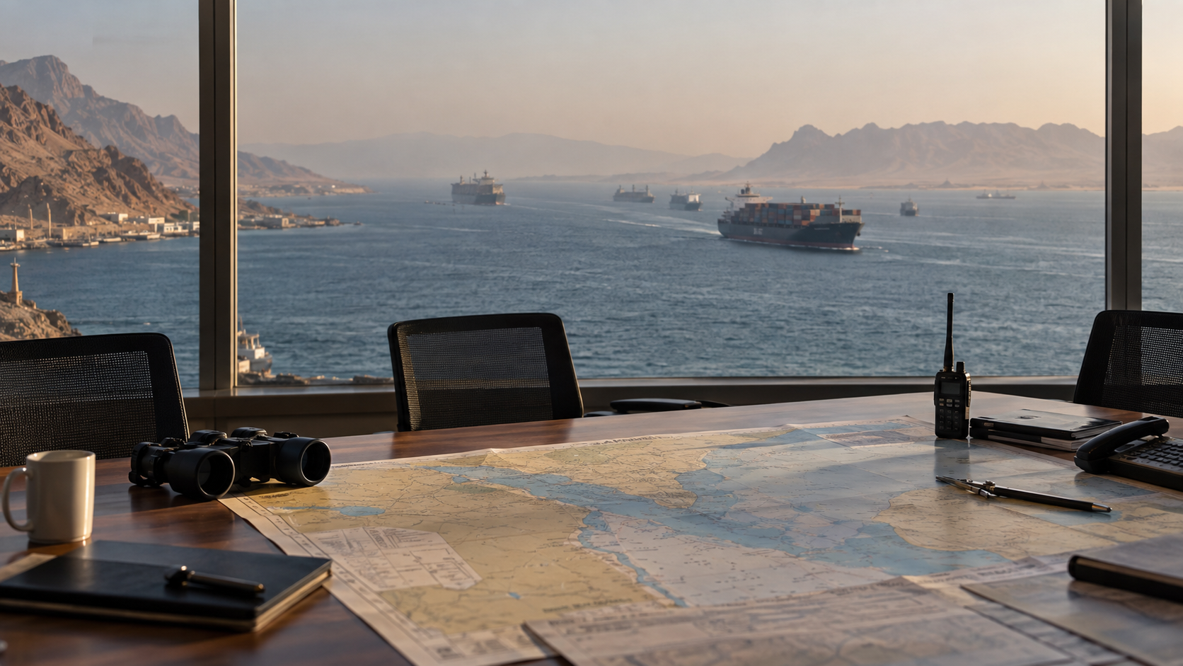 Red Sea shipping lane seen from a maritime security planning room