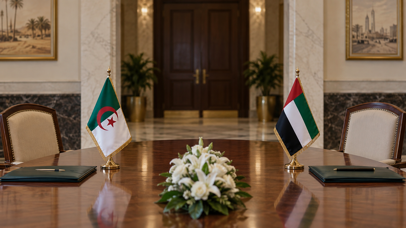 Algeria and United Arab Emirates flags placed apart on a diplomatic meeting table