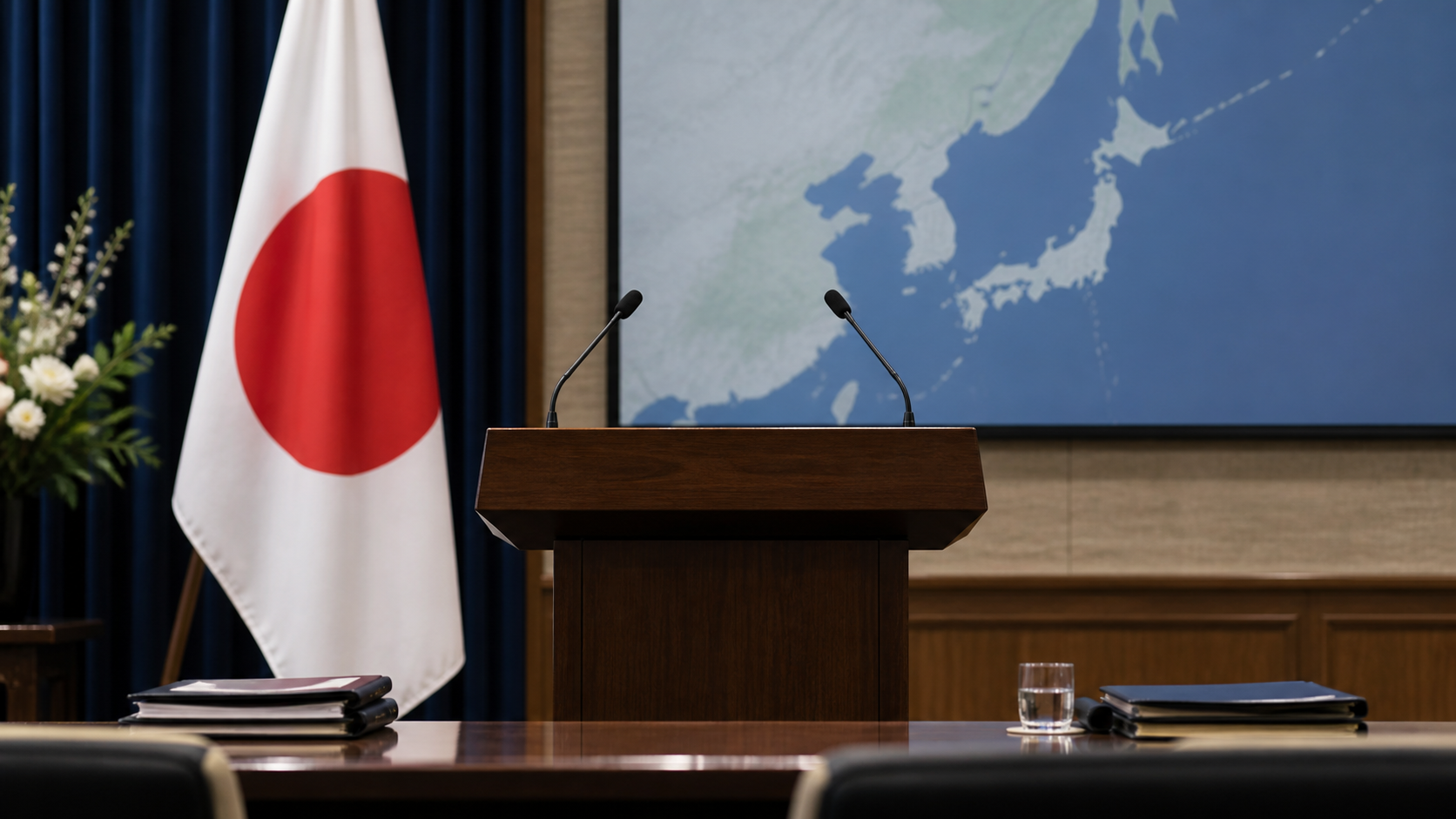Japanese government briefing room with Japan flag and Northeast Asia map