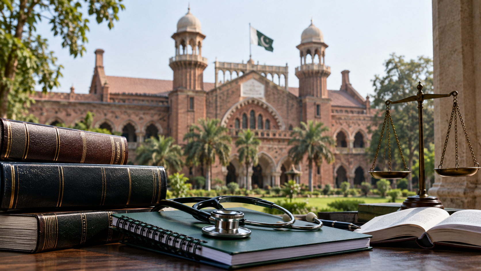 Lahore High Court style courthouse with medical study books and stethoscope