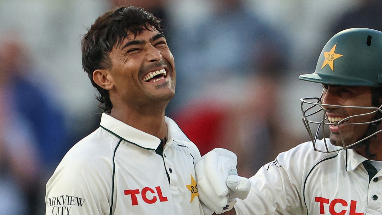 Razaullah smiles alongside Mohammad Abbas during Pakistan's third Test against England at Edgbaston