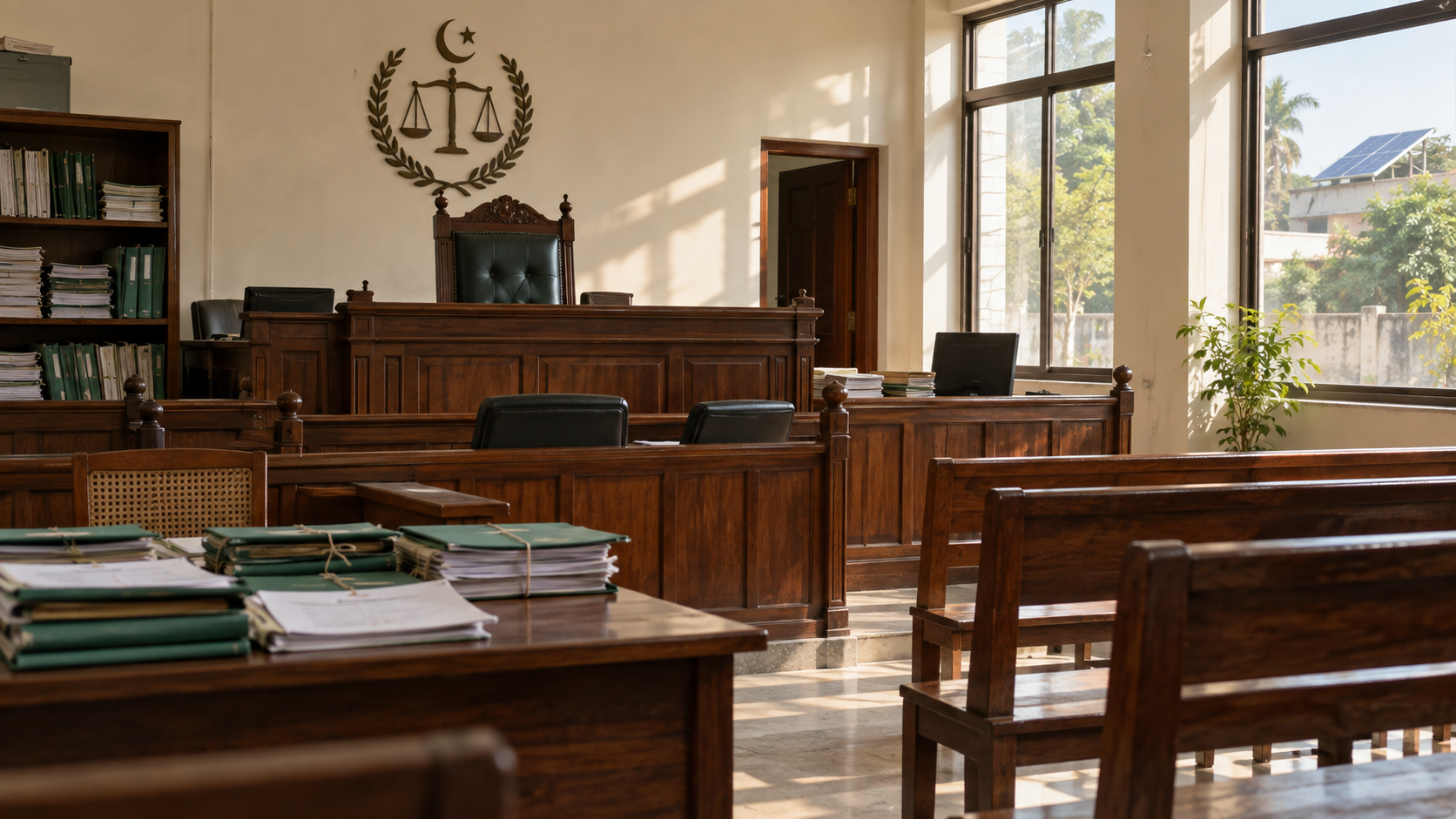 District courtroom in Pakistan with files, benches and solar power visible outside