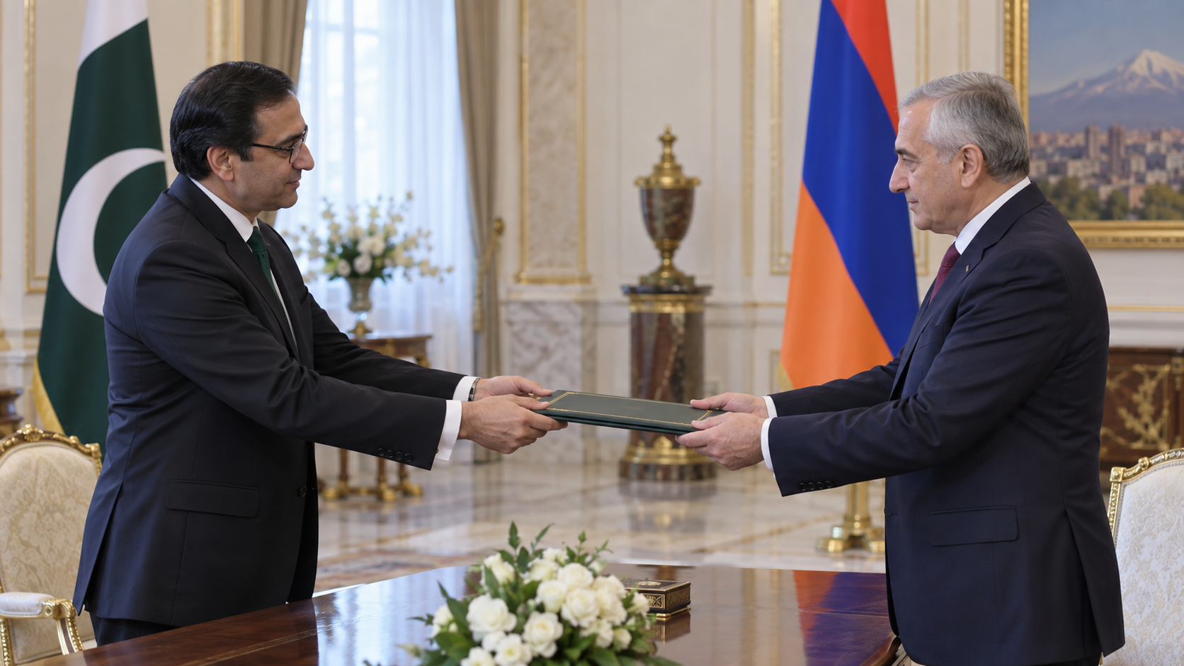 Diplomatic credential ceremony scene representing Pakistan and Armenia relations in Yerevan