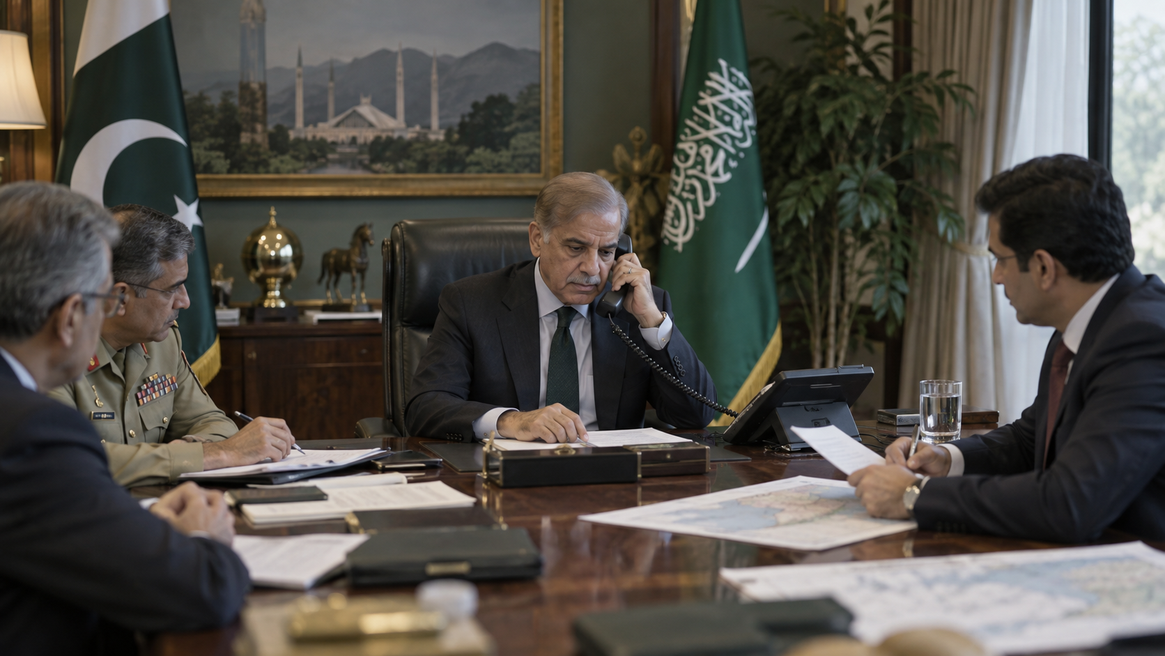 Editorial image of Pakistan leadership discussing Saudi Arabia security during a phone call