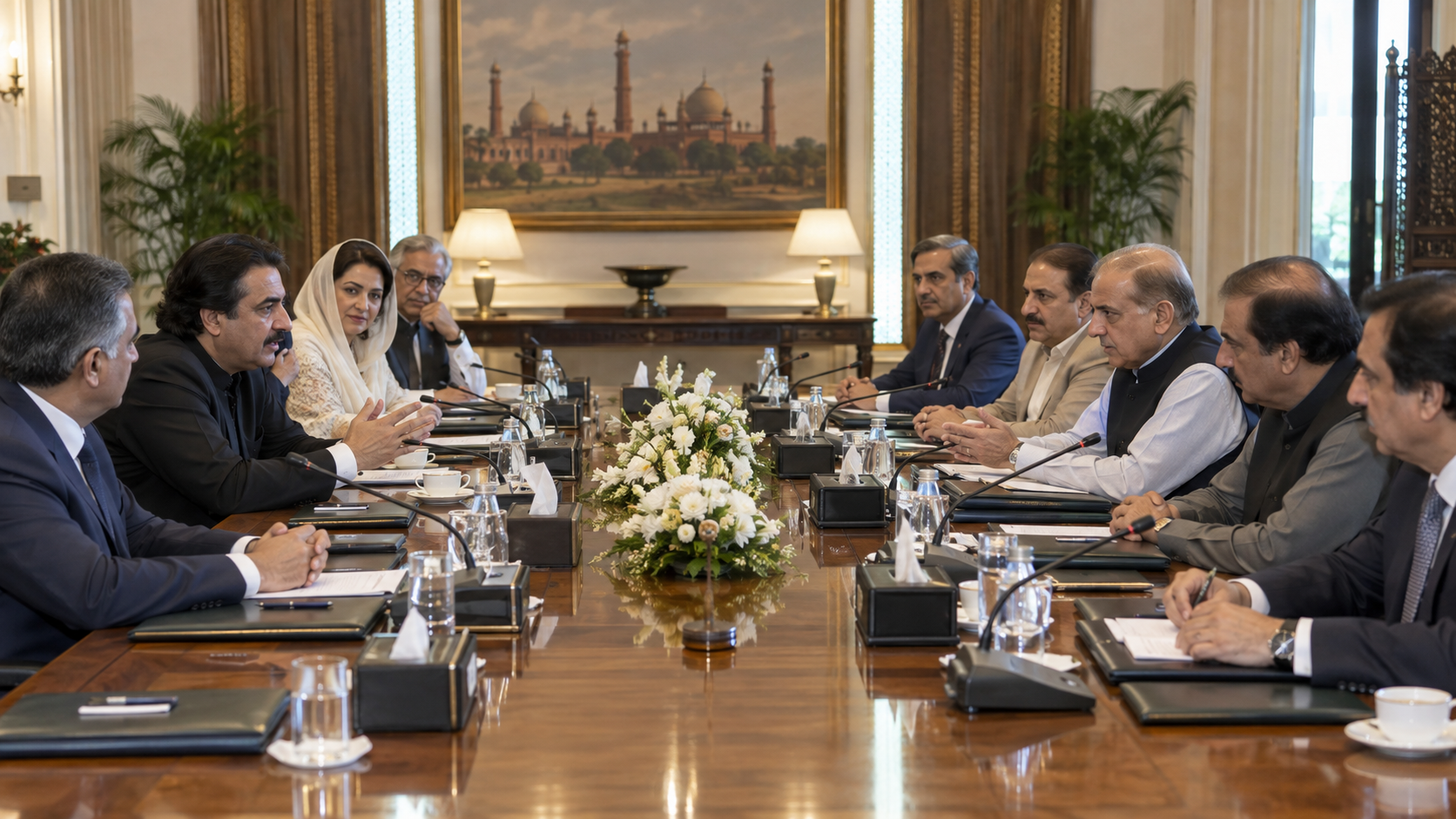 Editorial image of coalition representatives meeting around a conference table in Lahore