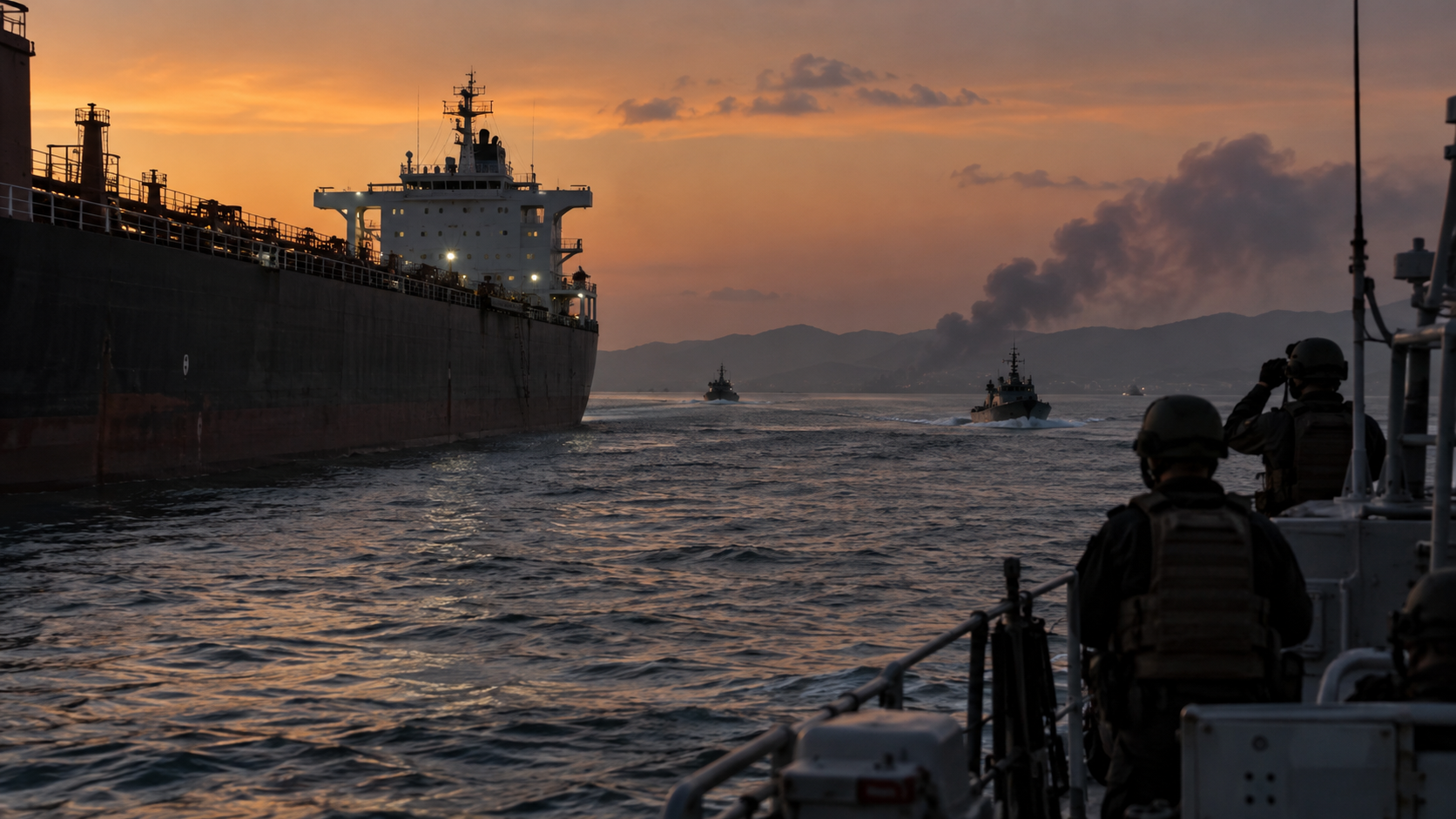Editorial image of a tanker and patrol craft in the Strait of Hormuz at dusk