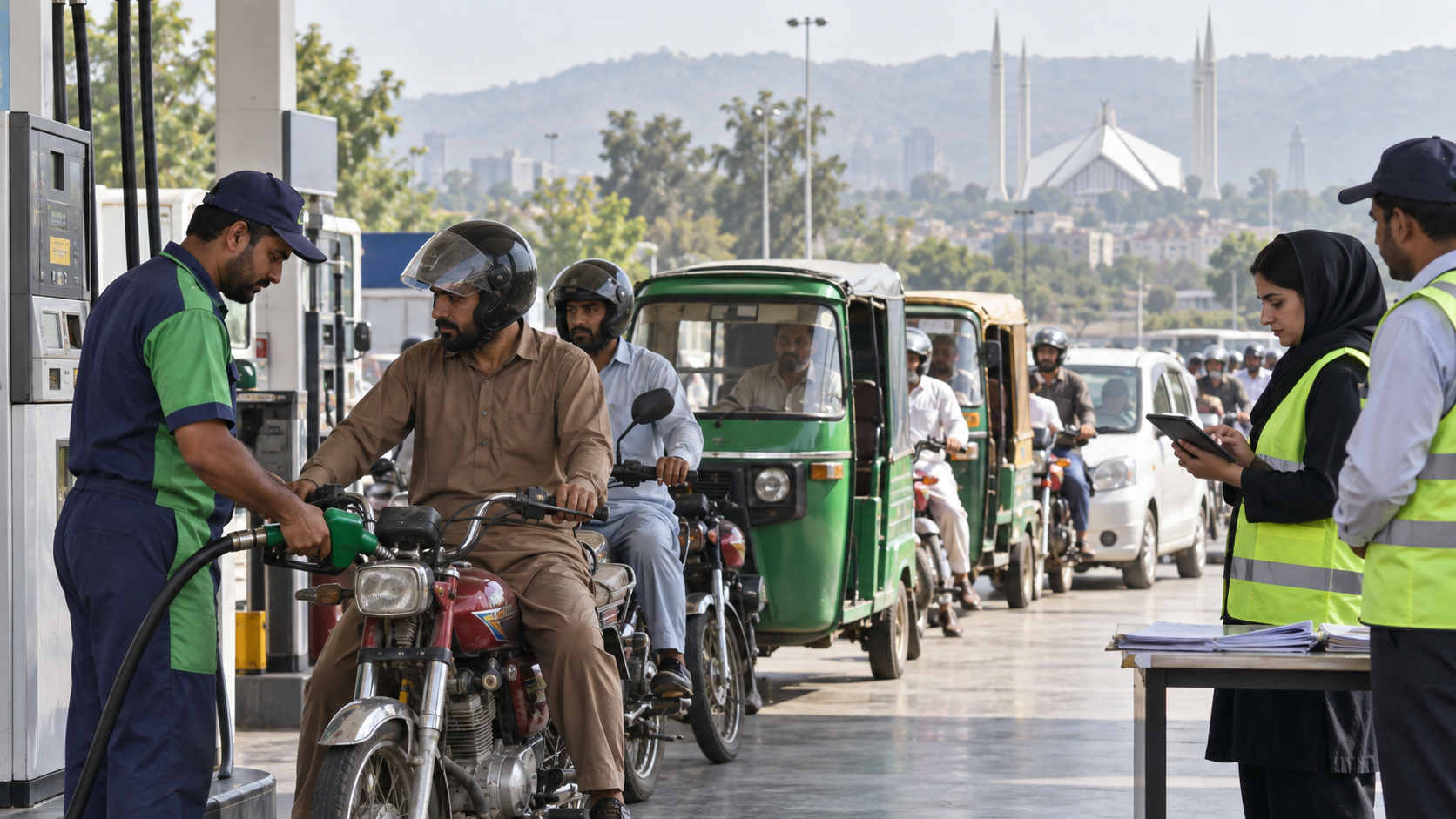 Editorial image of motorcycles and rickshaws receiving petrol under a relief scheme in Pakistan