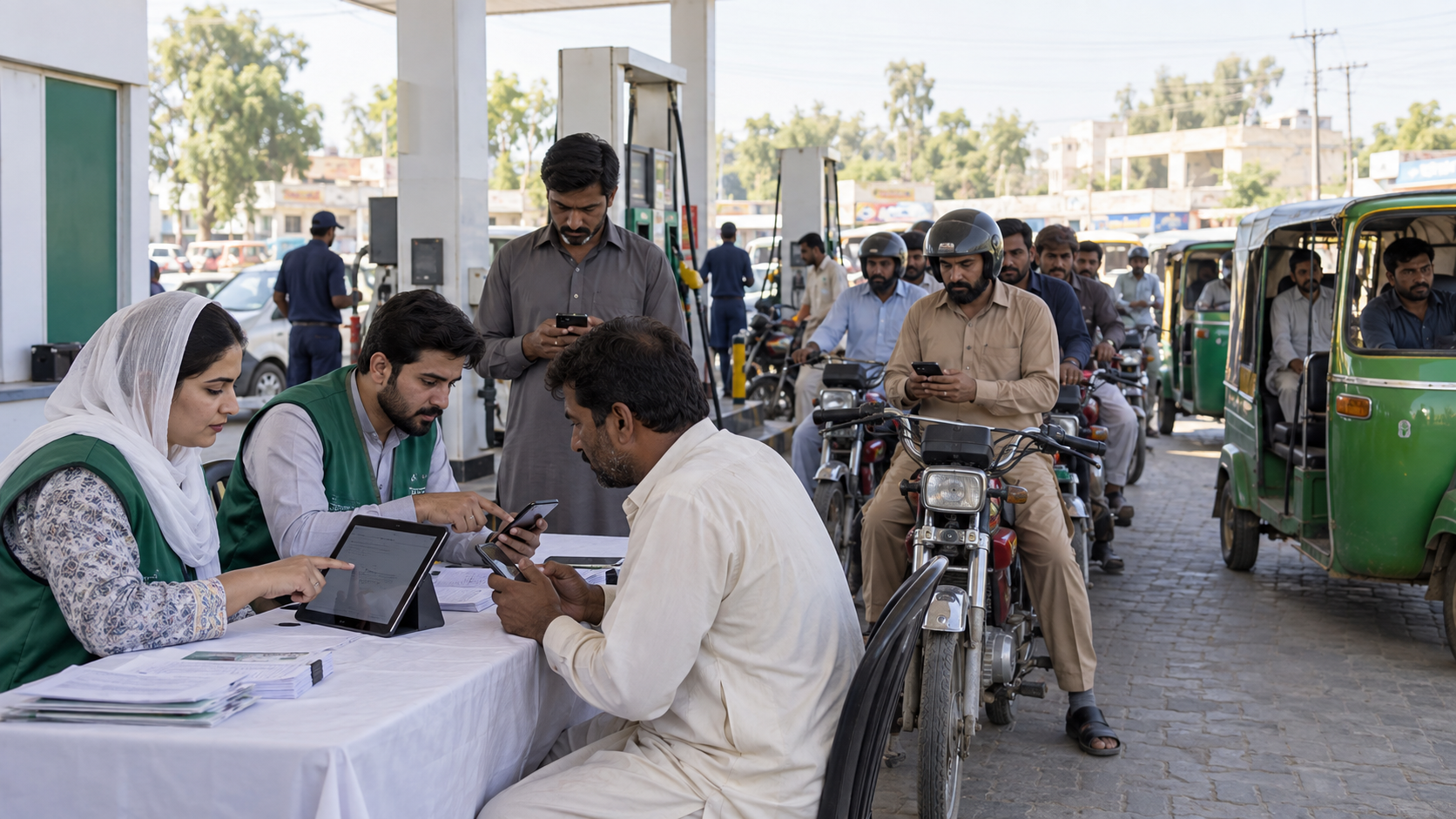 Editorial image of citizens registering for Pakistan fuel relief scheme at a petrol station
