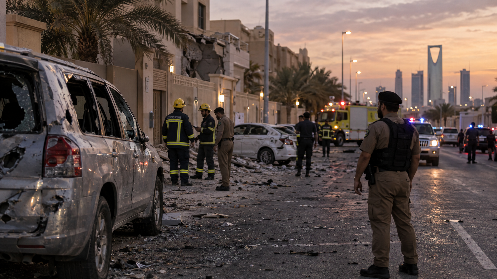 Editorial image of Saudi civil defense responding to residential damage after drone and missile attacks