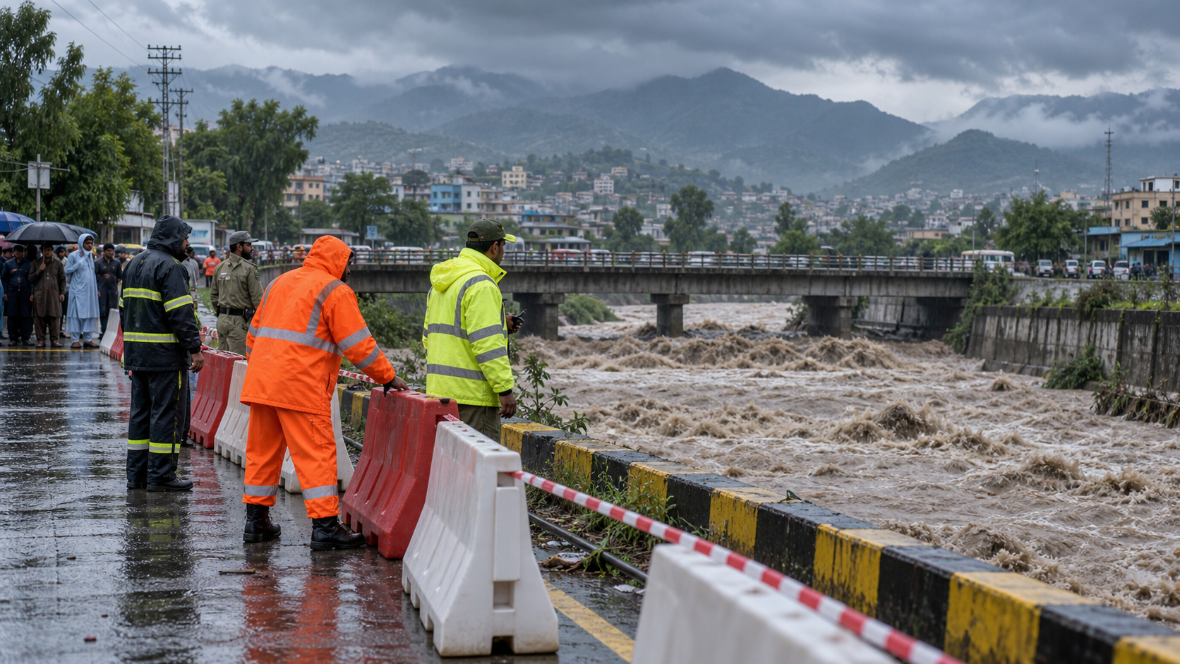Editorial image of emergency responders monitoring swollen floodwater near a bridge in Pakistan