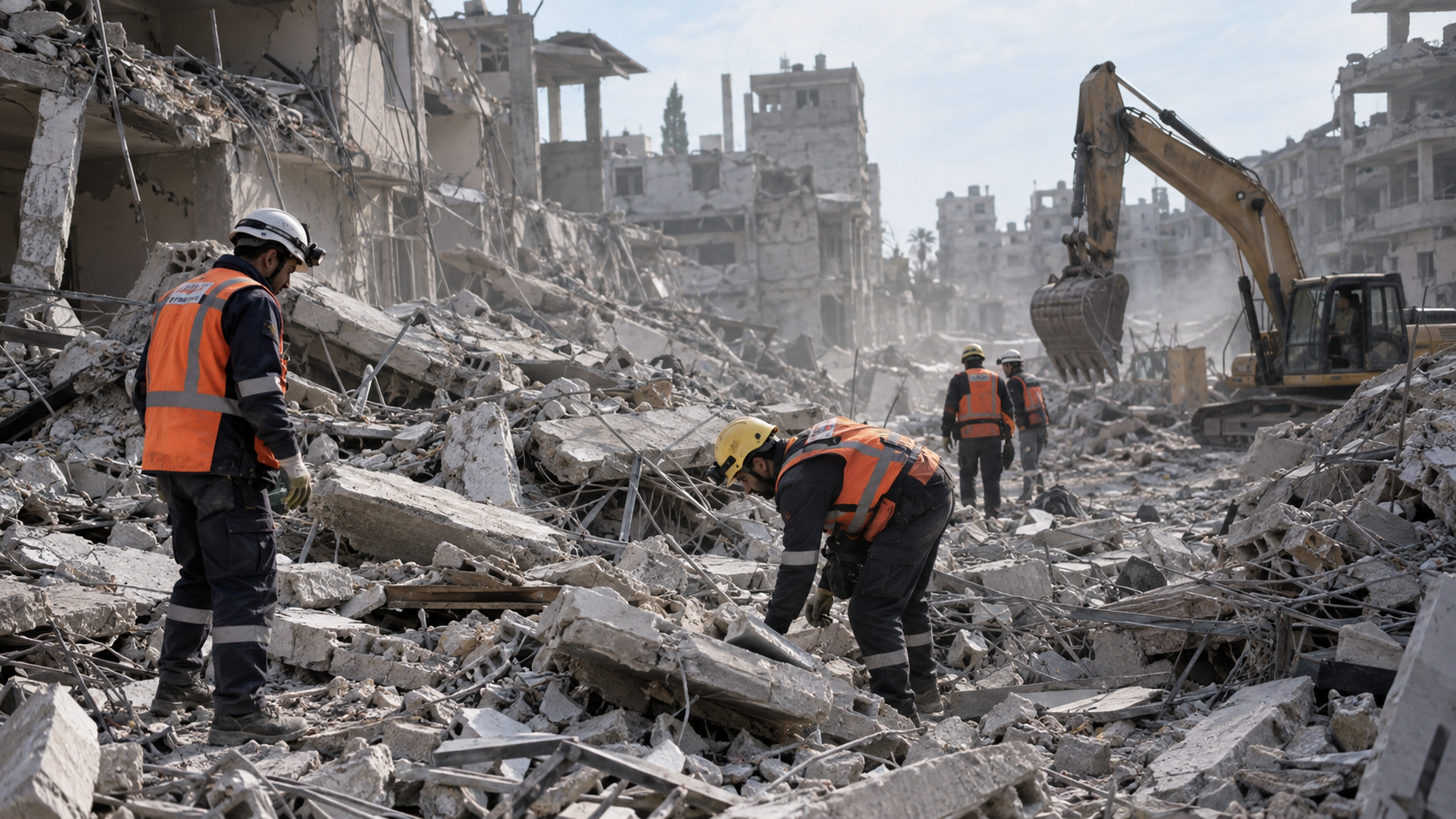 Civil defence workers search through collapsed buildings in Gaza in a non-graphic editorial image.