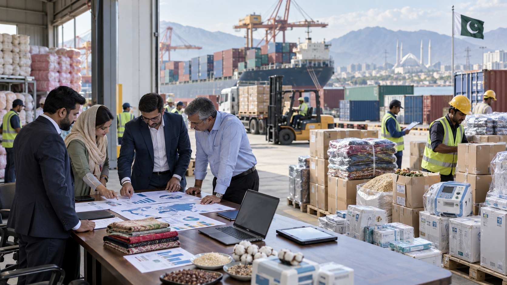 Exporters review trade documents near containers and packaged Pakistani goods at a logistics facility.