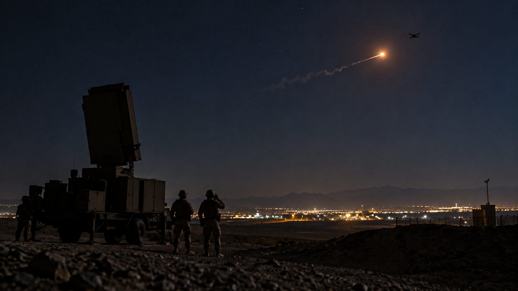 Saudi air defence personnel monitor a night sky interception of a drone threat in a desert setting.