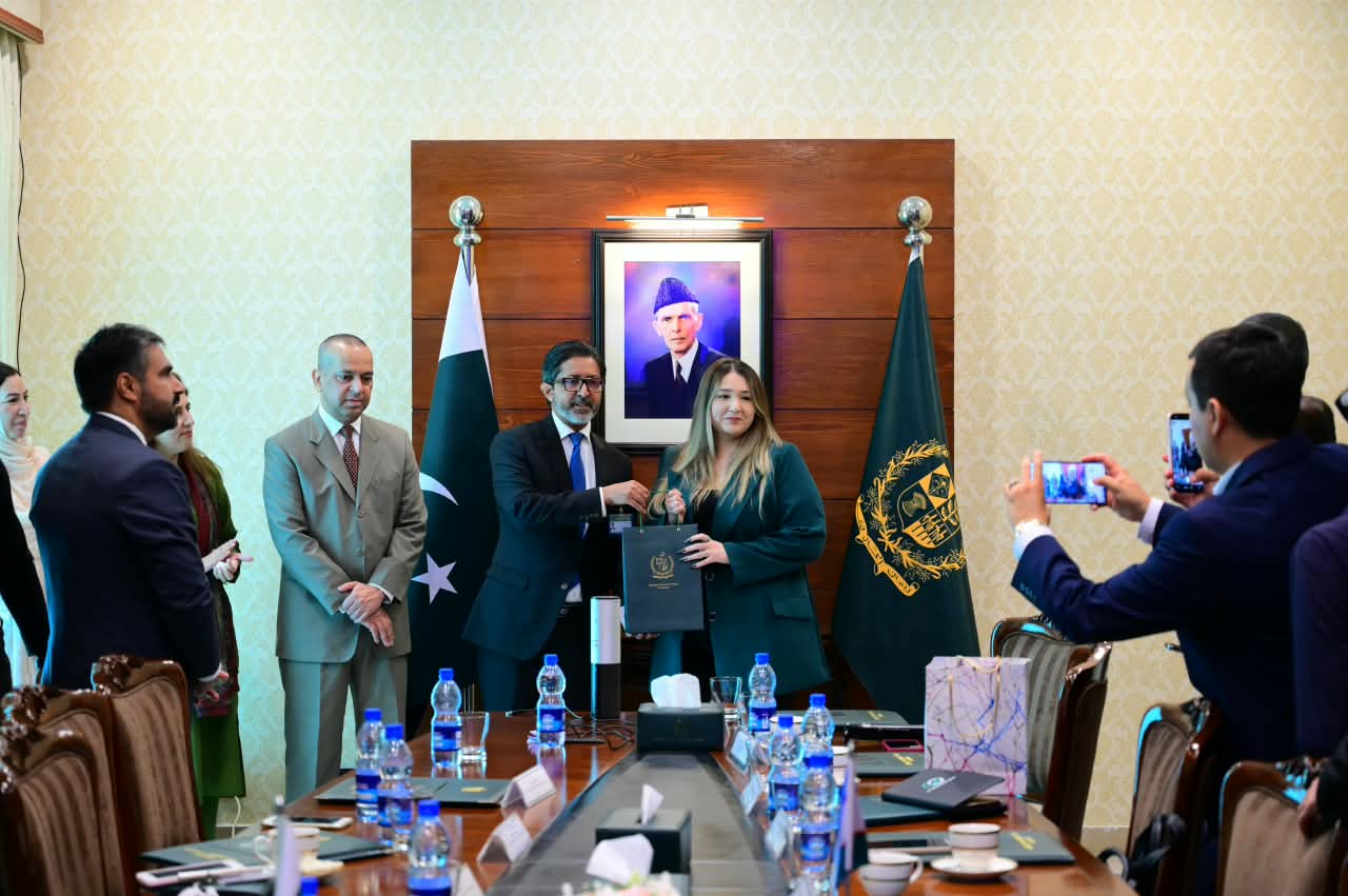 Members of an Uzbek media delegation meet Pakistani officials at the Foreign Office in Islamabad
