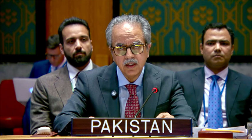 Pakistan's UN Ambassador Asim Iftikhar Ahmad addresses a United Nations meeting