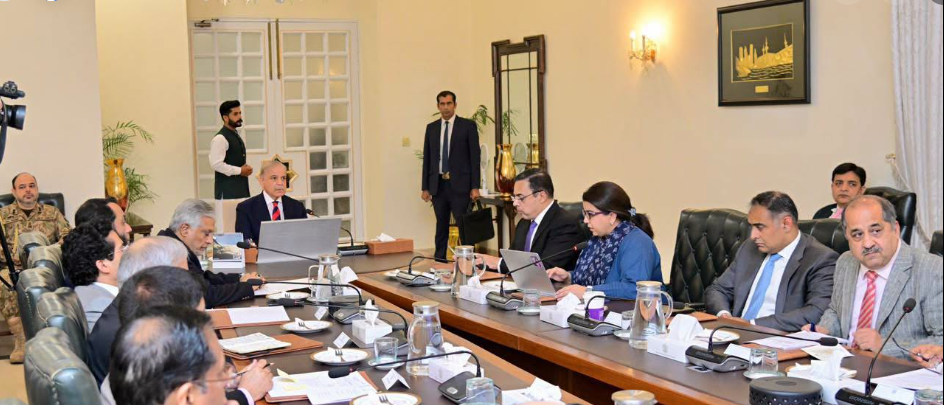 Prime Minister Shehbaz Sharif chairs a meeting with federal ministers and senior officials in Islamabad