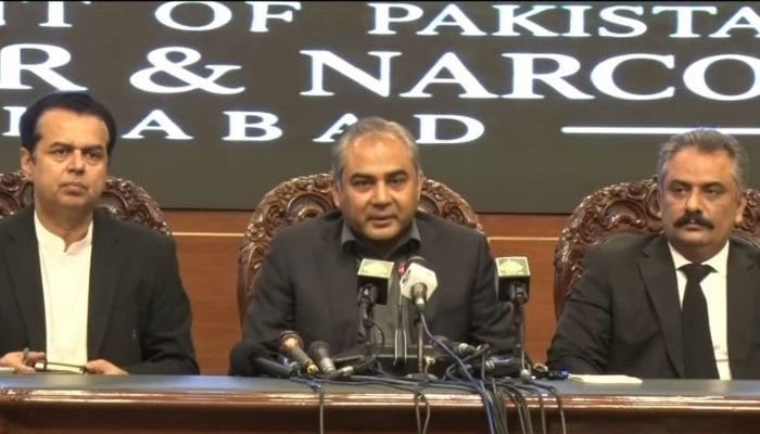 Interior Minister Mohsin Naqvi addresses a press conference in Islamabad