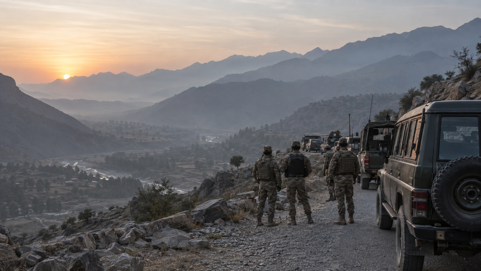 AI-generated editorial illustration of security personnel and vehicles overlooking mountainous terrain near Hangu