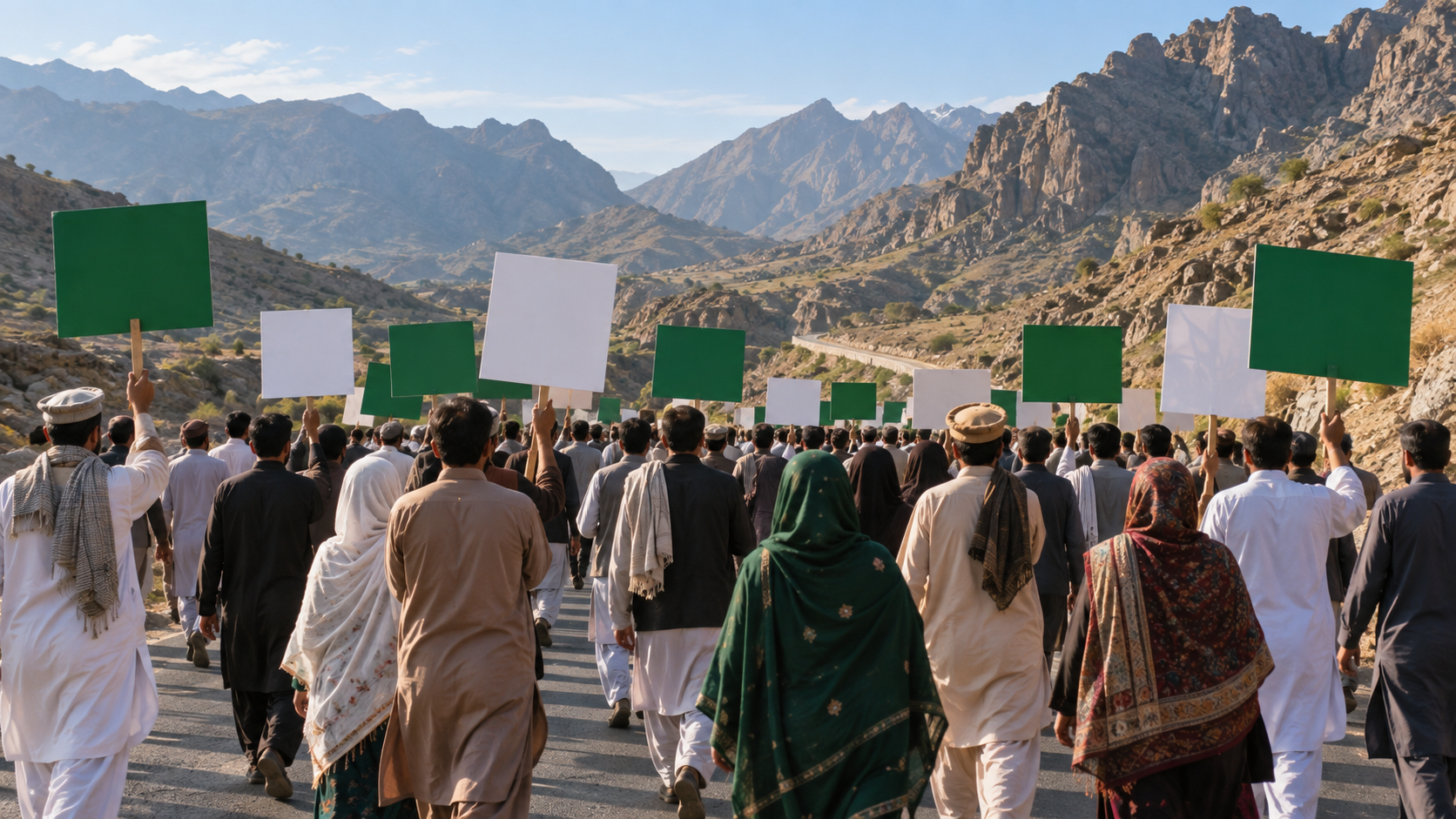 AI-generated editorial illustration of a peaceful march carrying blank placards through the Khyber mountains