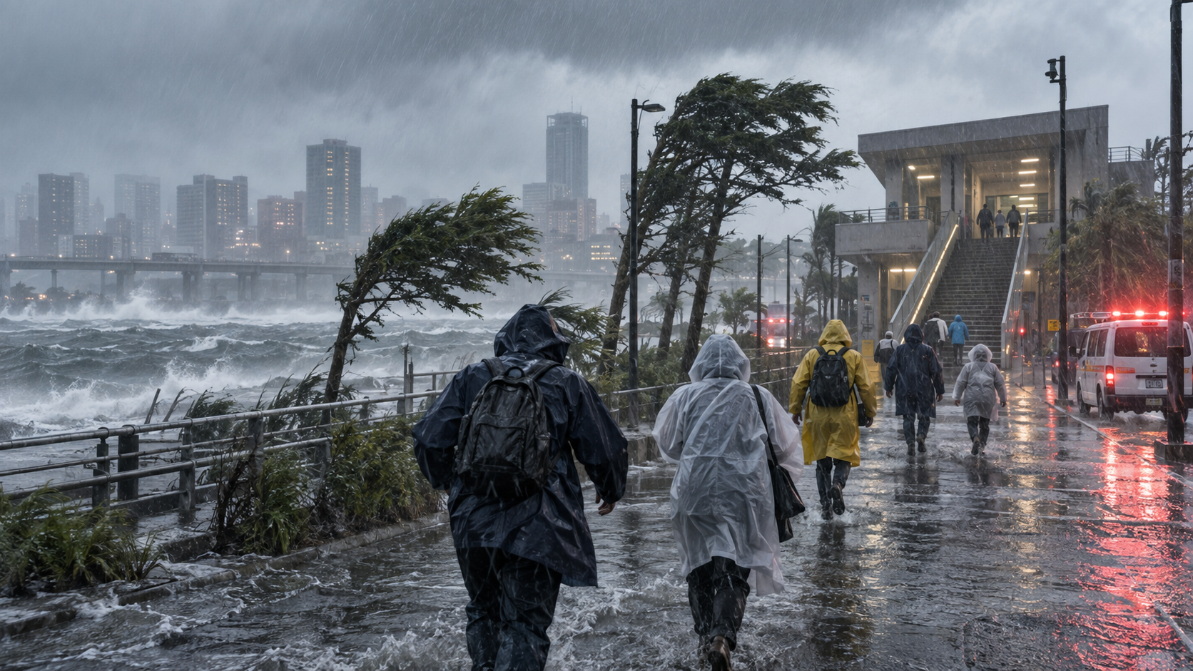 AI-generated editorial illustration of residents moving to safety during a powerful typhoon in eastern Japan