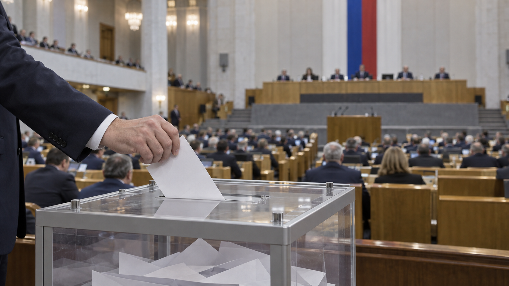 AI-generated editorial illustration of a ballot box inside a Russian-style parliamentary chamber