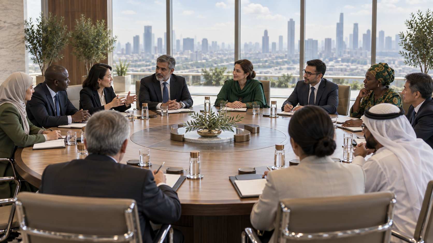 AI-generated editorial illustration of diverse diplomats holding peaceful multilateral talks around a circular table