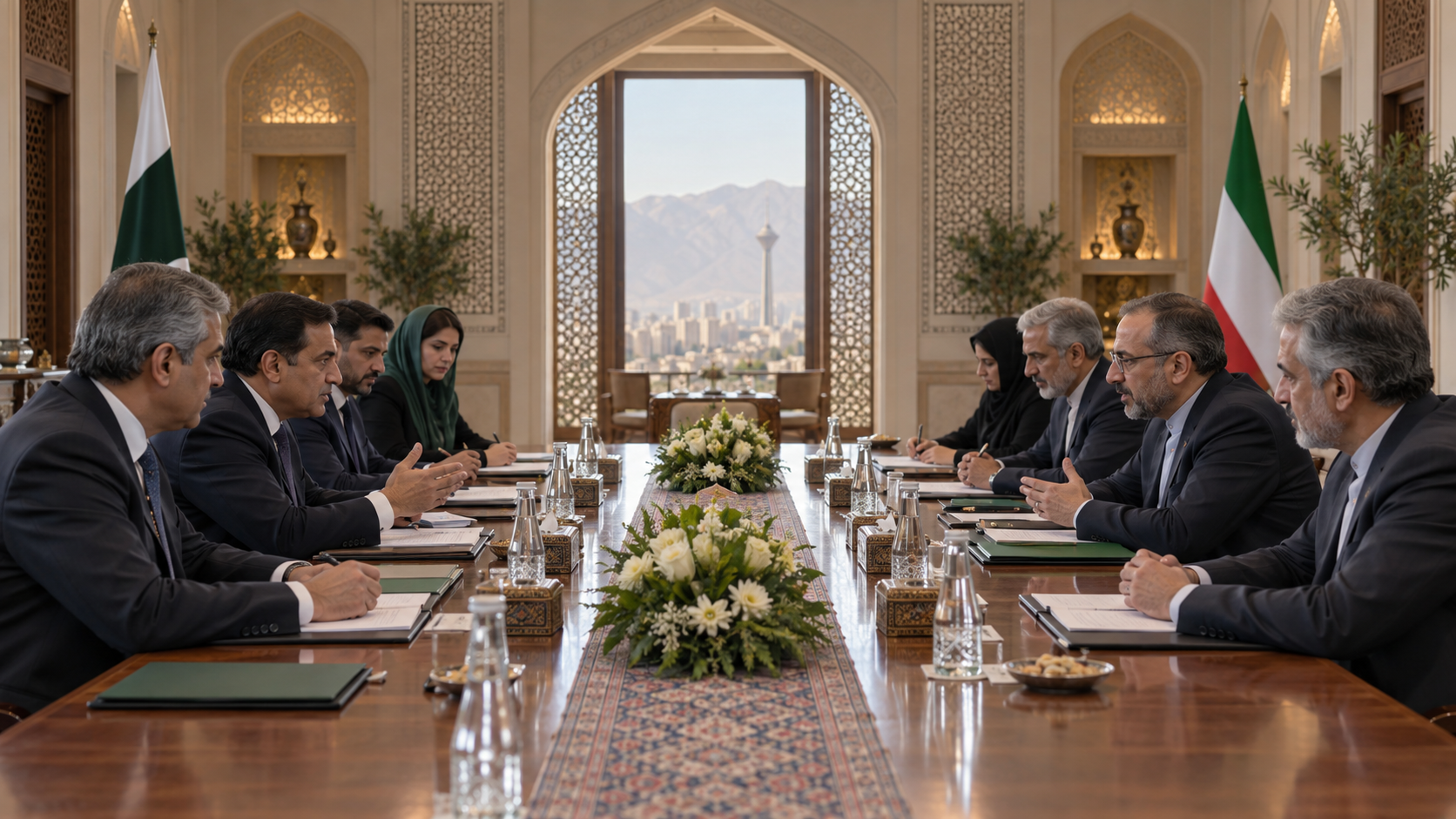 AI-generated editorial illustration of anonymous Pakistani and Iranian delegations meeting in Tehran