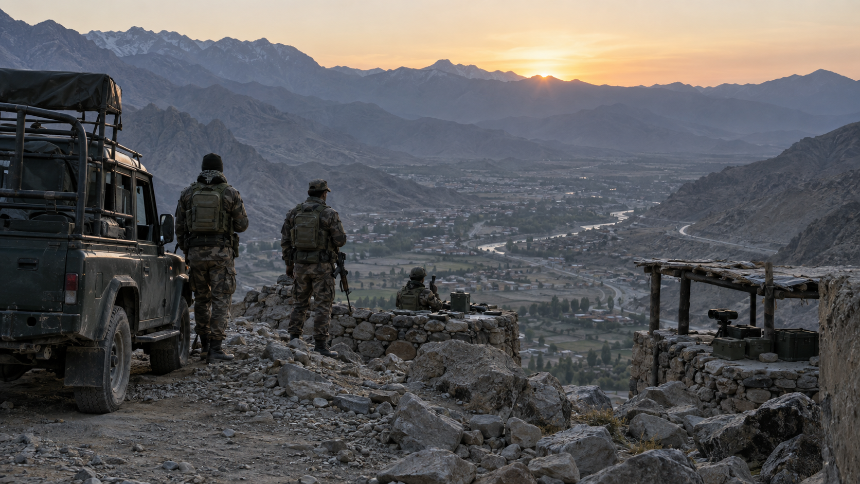 AI-generated editorial illustration of security personnel observing mountainous terrain near the Pakistan-Afghanistan border