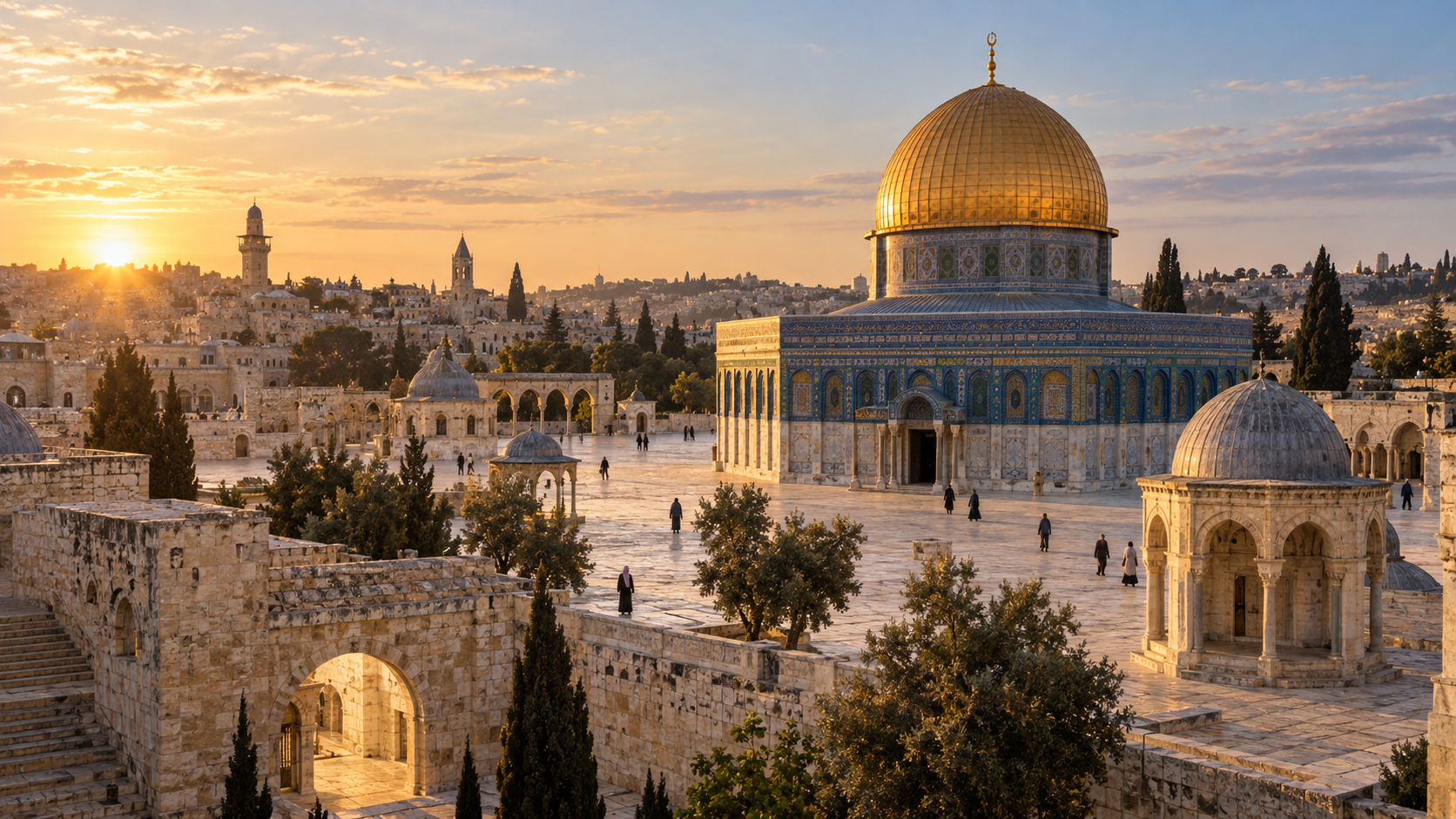 AI-generated editorial illustration of the Al-Aqsa Mosque compound and Dome of the Rock in Jerusalem at sunrise