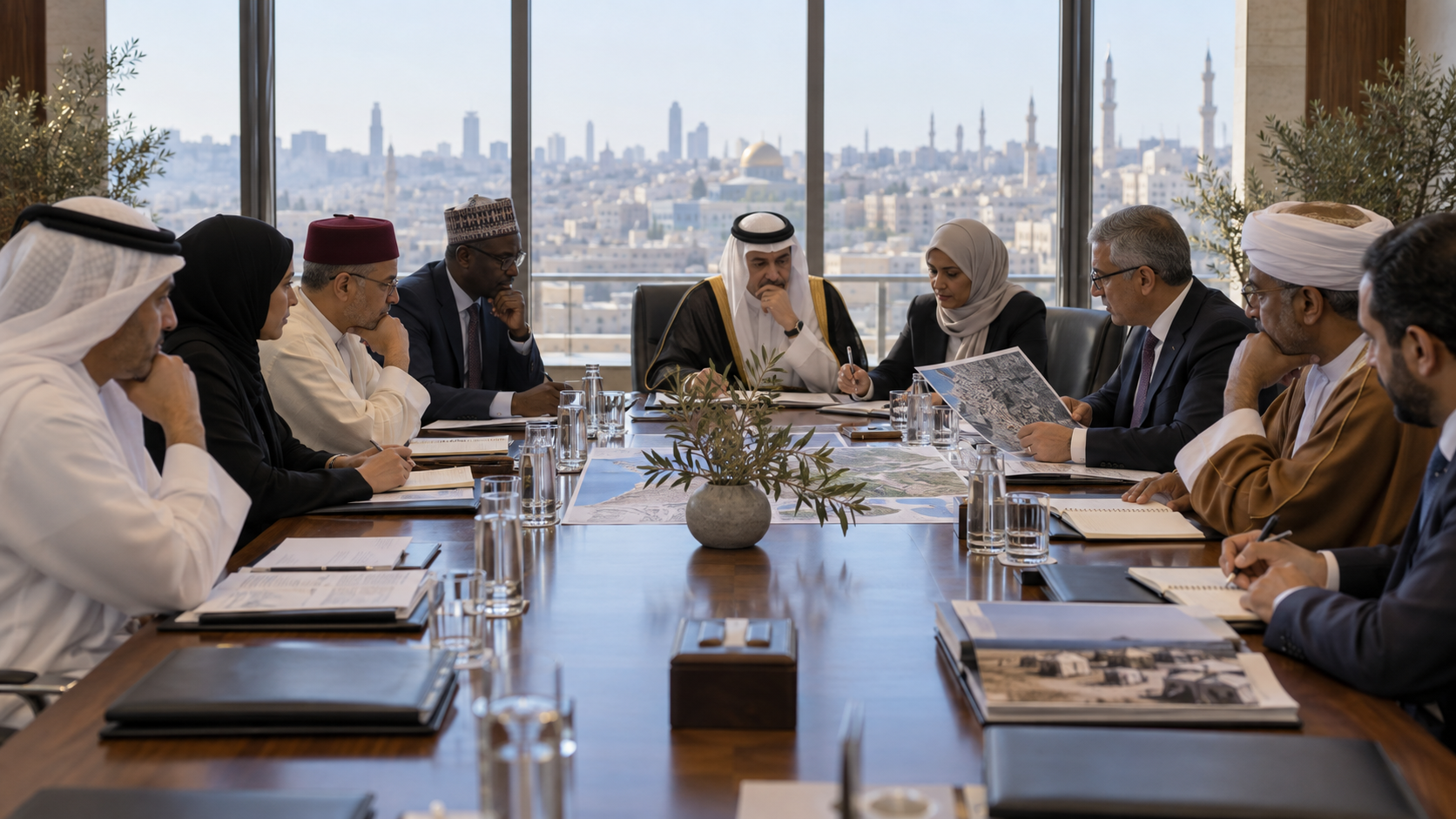 AI-generated editorial illustration of Muslim diplomats discussing Palestine around a conference table