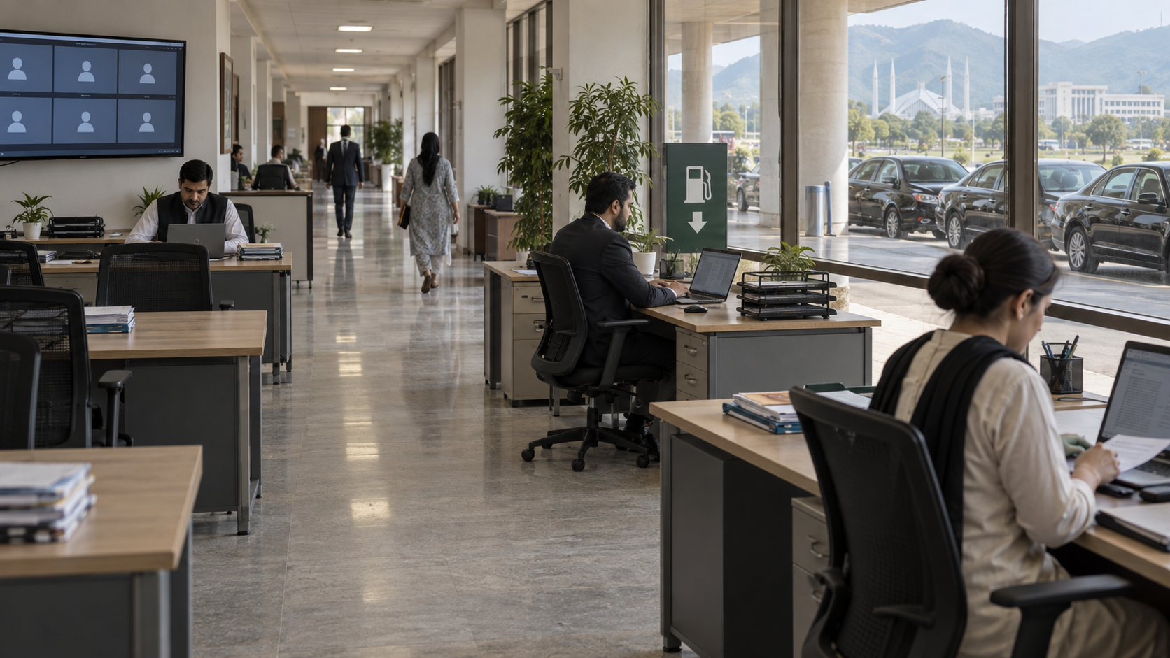 AI-generated editorial illustration of a Pakistan parliamentary office using remote work and fuel controls
