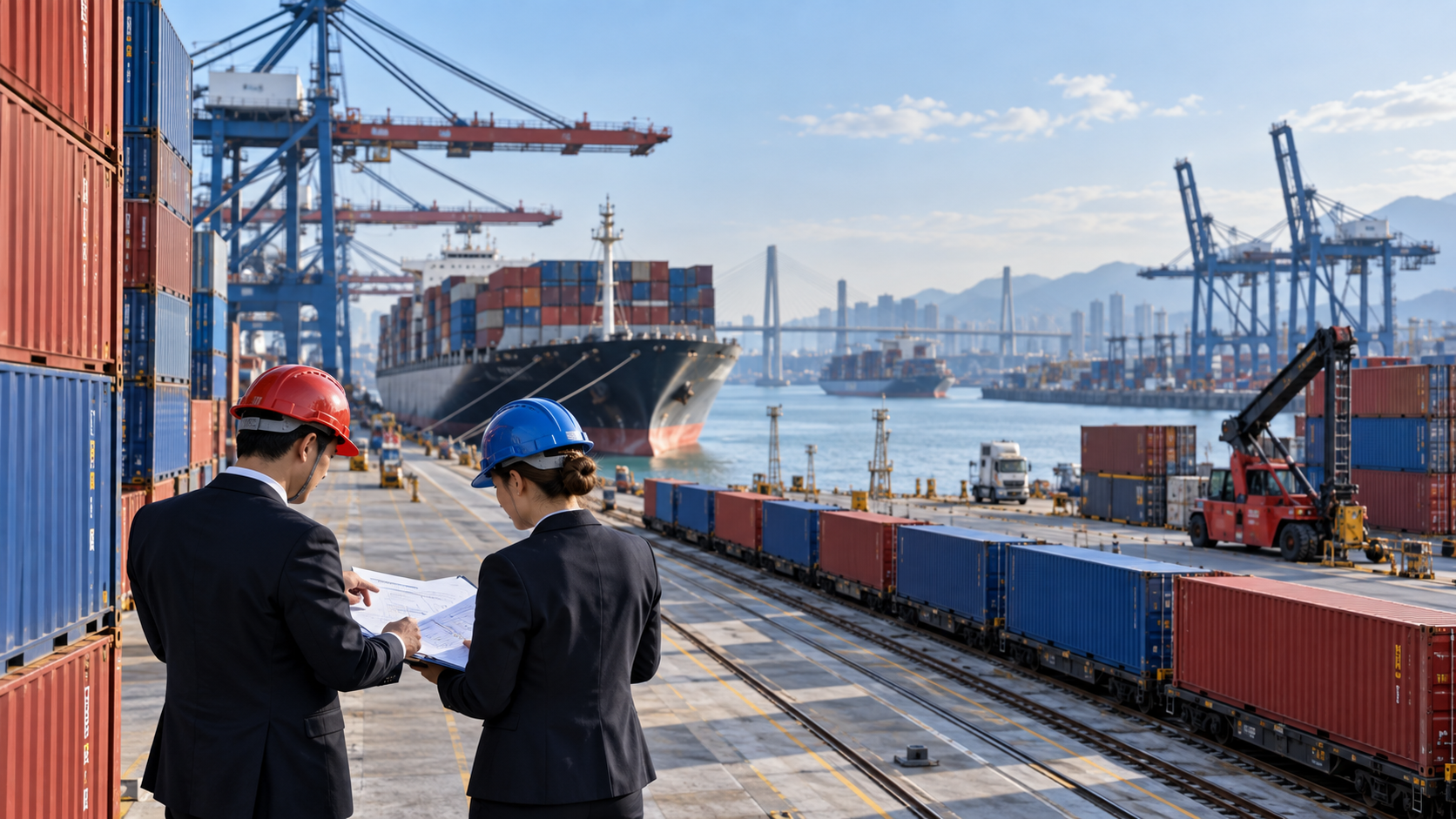 AI-generated editorial illustration of Chinese and European trade representatives at a container port