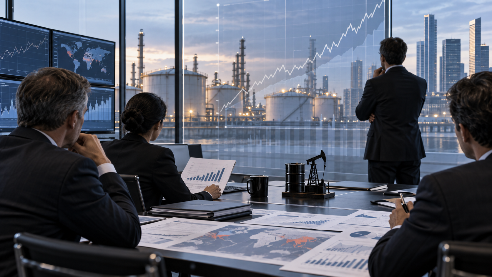 AI-generated editorial illustration of central-bank analysts monitoring energy prices and inflation charts