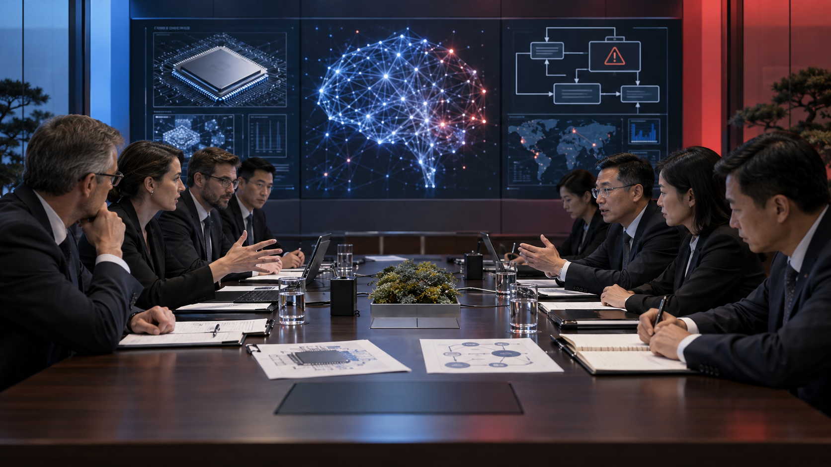 AI-generated editorial illustration of United States and Chinese delegations discussing artificial intelligence risks